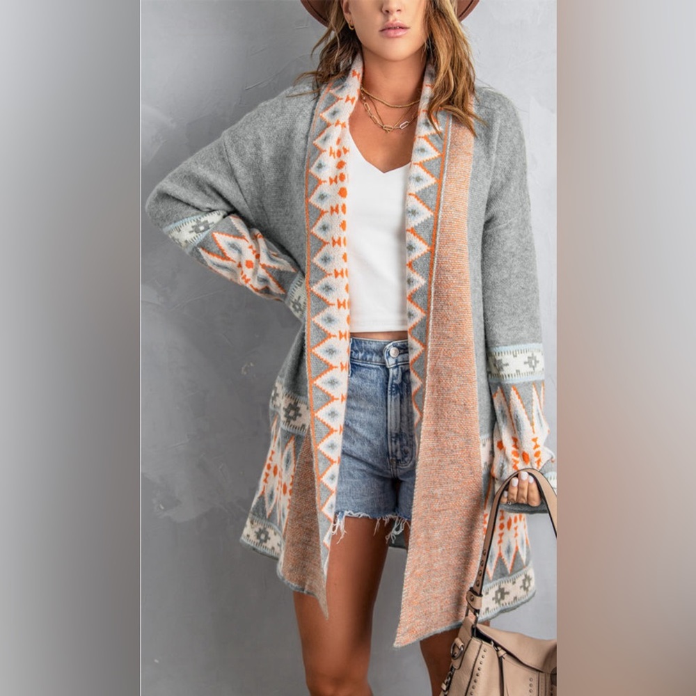 Gray Aztek Print Open Front Knitted Cardigan - image 1